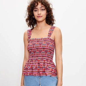 NEW Loft S Pink Purple Ikat Smocked Peplum Cami Tank Top Blouse Square Neck